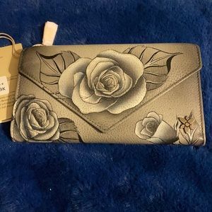 Anuschka leather hand painted wallet with RFID Grey Romantic Rose NEW